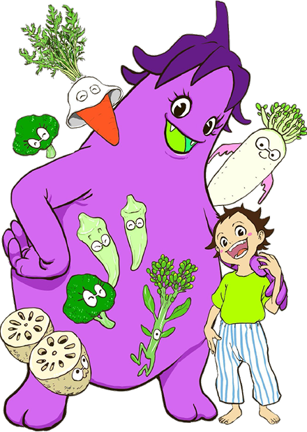 画像：野菜のキャラクターと子供の絵