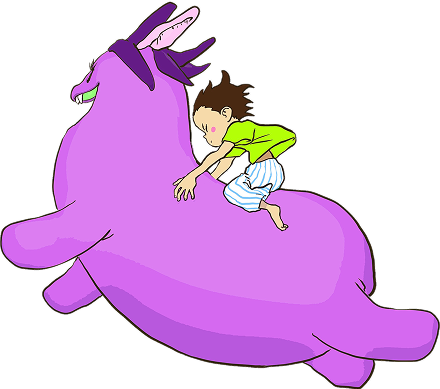 画像:ナスのキャラクターに乗った子供の絵